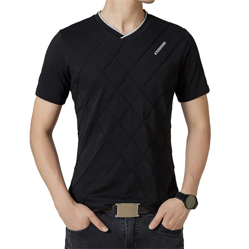 Tfetters letné muži tričko Plaid Design V-krk elastické bavlnené tričko s krátkym rukávom plus veľkosť štíhle fit muži oblečenie 5xl