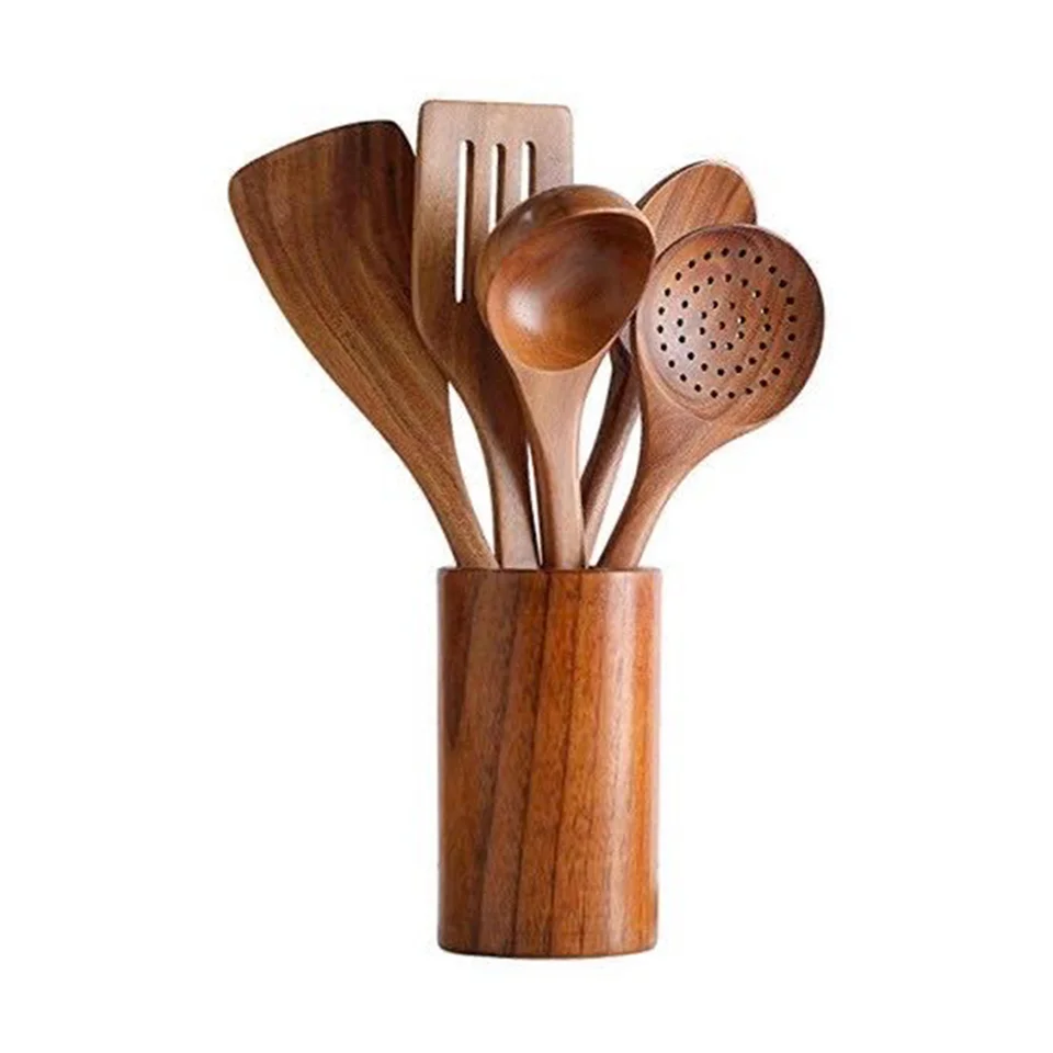 Thajsko teak prírodné drevené drevné lyžica na panvici na panvica dlhá ryža Colander Soup Striedka Cooking Spoons Scoon kuchynské kuchárske náradie