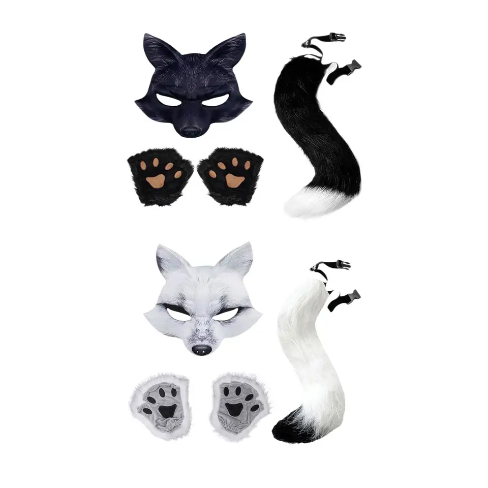 Therian Mask and Tail Set Halloween kostým mäkká plyšová mačka maska ​​pre karneval cosplay sviatok Halloween Party kostým narodeniny