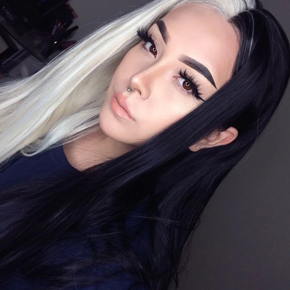 Thiswig rovný polovičný blondínka napoly čierna syntetická čipka predné parochne pre ženy dlhé tepelne odolné voči vláknine Ručne zviazané parochňu Cosplay