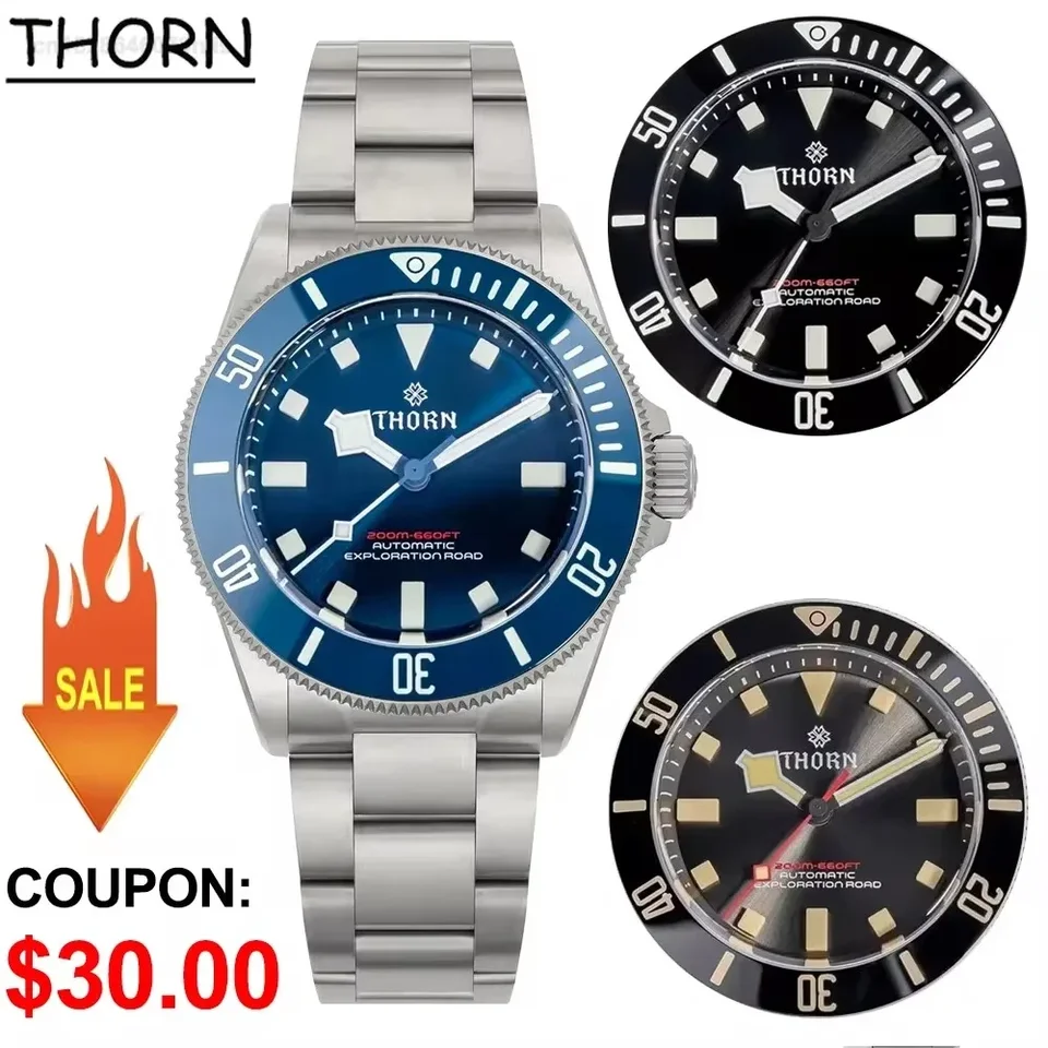 Thorn 39 mm titániové hodinky muži pocta Vintage PT5000 MOHE AUTOMATICKÝCH SAPPHIRE CRYSTAL C3 SUPER LUMINUME 200 m vodotesné hodinky