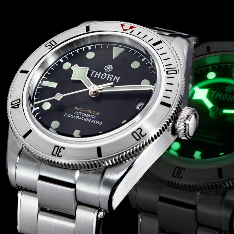 Thorn Men Automatické hodinky 39 mm Mechanické náramky potápač 200 metrov vodotesný C3 Svetel Sapphire Mirror NH35 oceľový rám NH35