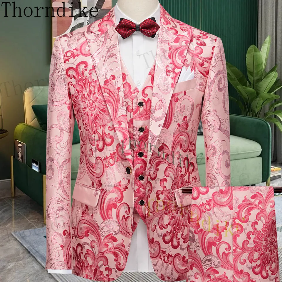 Thorndike 2023 Horúc ružový vrchol klopu Svadobných mužov Jedno gombíky Tuxedo kostým Homme Terno Masculino Slim Fit Blazer Blazer 3 kusy