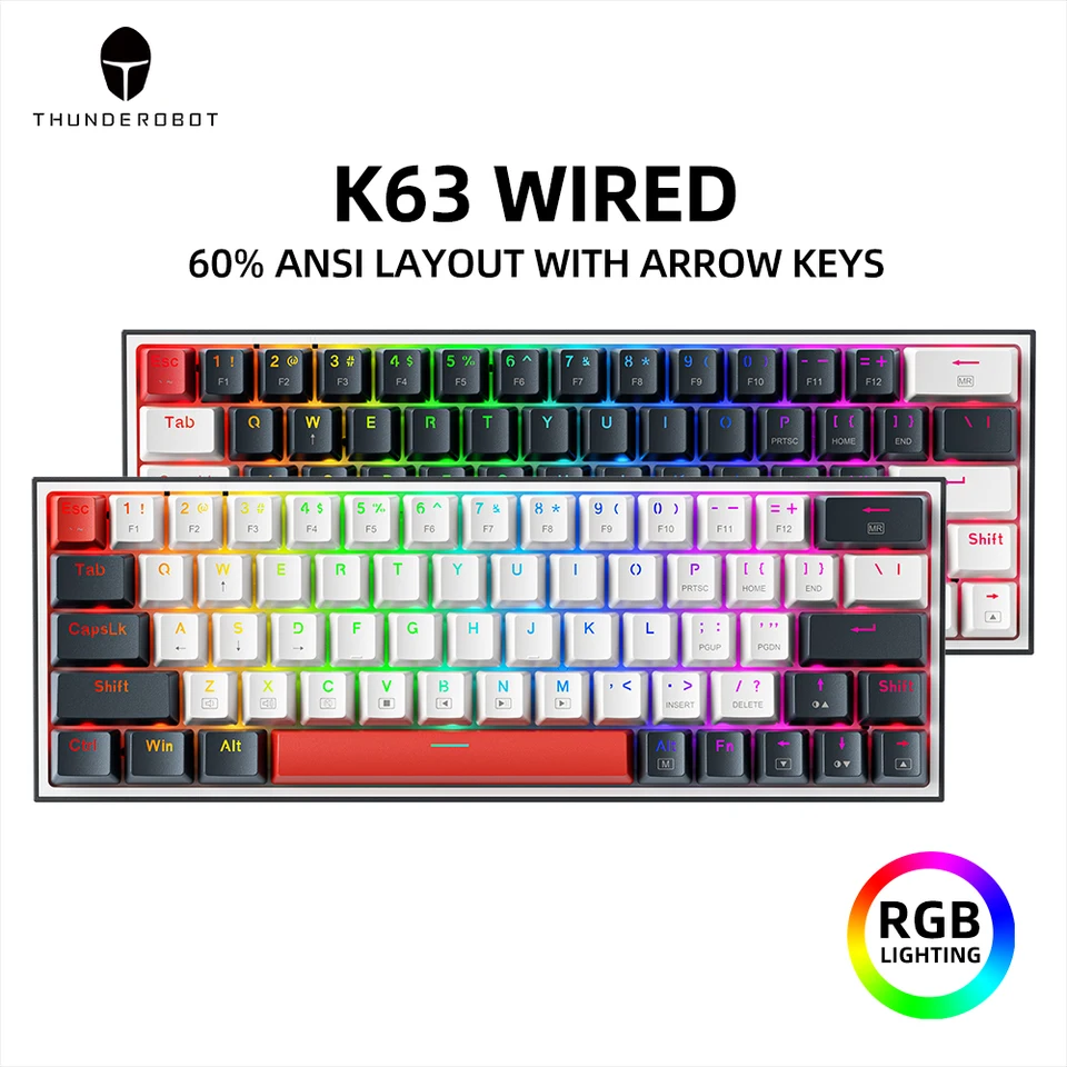 Thunderobot K63 Mechanická klávesnica káblová RGB ANSI 60% 63 Klávesy Rozloženie so šípkami Klávesy herná klávesnica Hot Swaptable for Gamer