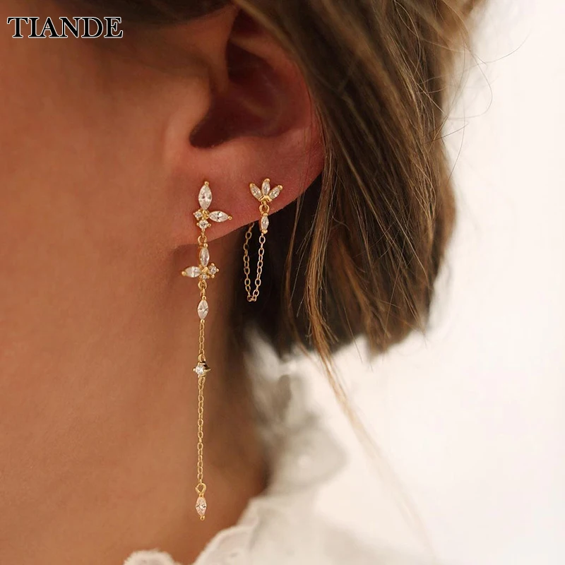 Tiande vynikajúce zirkón Tassel reťazec Dangle náušnice pre ženy móda zlatá farba prepichnuté ušné náušnice šperky doplnky