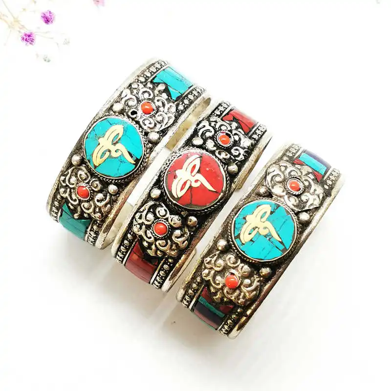 Tibetské šperky Buddha eye Amulet Bangles Copper Vykladané kamenné viac farieb Vintage tancujúce Otvorené manžety pre muža BB-010