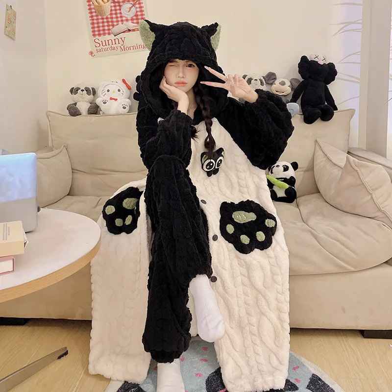 Tide Coral Fleece Nightgest pre ženy v zime s zhrubnutým fleecom, nový roztomilý flanel set pre domáce nosenie jeseň a zima