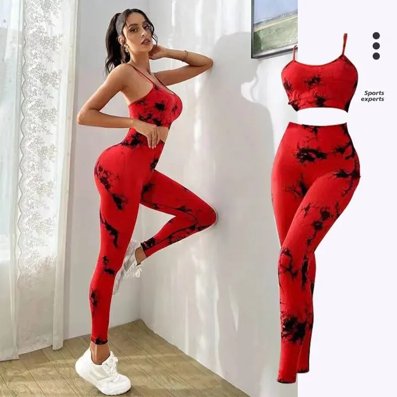 TIE DYE YOGA Dámska súprava Fitness Yoga Sets Sportswear Workout Disptruka+Vysoký pás legíny v telocvični Gym Platel Sladká športové obleky
