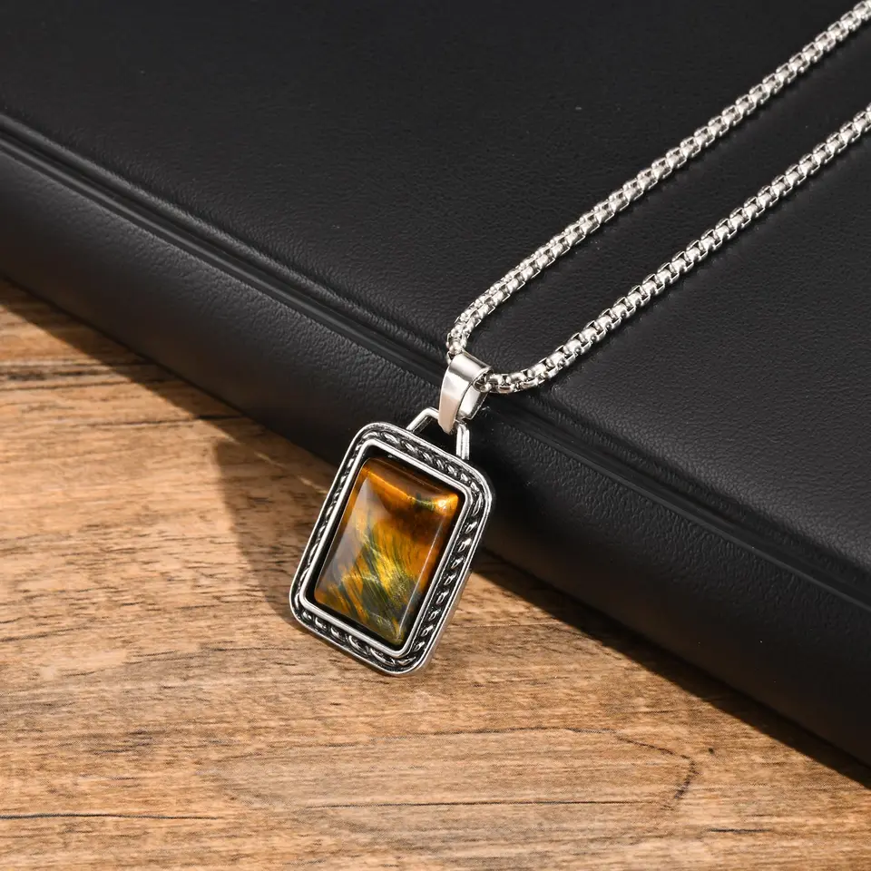 Tiger Eye Stone Prívesky pre mužov pre mužov, hnedý prírodný kameň štvorcový prívesok náhrdelníkov, Vintage Punk Jewelry Darček