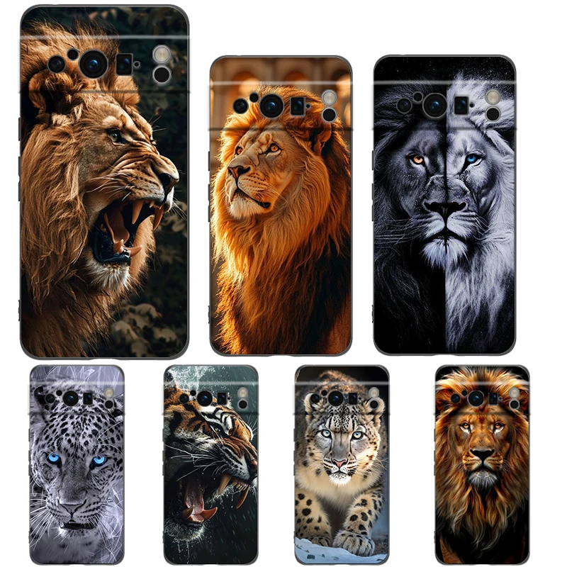 Tigre Wolf Lion Animal Telefón puzdro pre Google Pixel 9 8 7 6 Pro XL 8a 7a 6a TPU Soft Soft Shock -odolný čierny obal