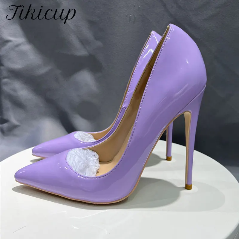 Tikicup 12/10/8 cm vysoké podpätky lesklé svetlo fialové ženy špicaté špičky pumps pumpy dám