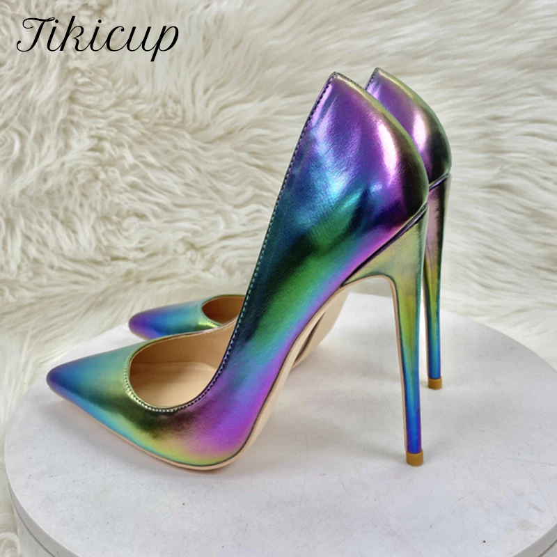 Tikicup laser strieborné ženy lesklé špicaté špicaté špičky s vysokým podpätkom svadobné večere Bridaids topánky iskrivé dámske klasické pumpy Stiletto