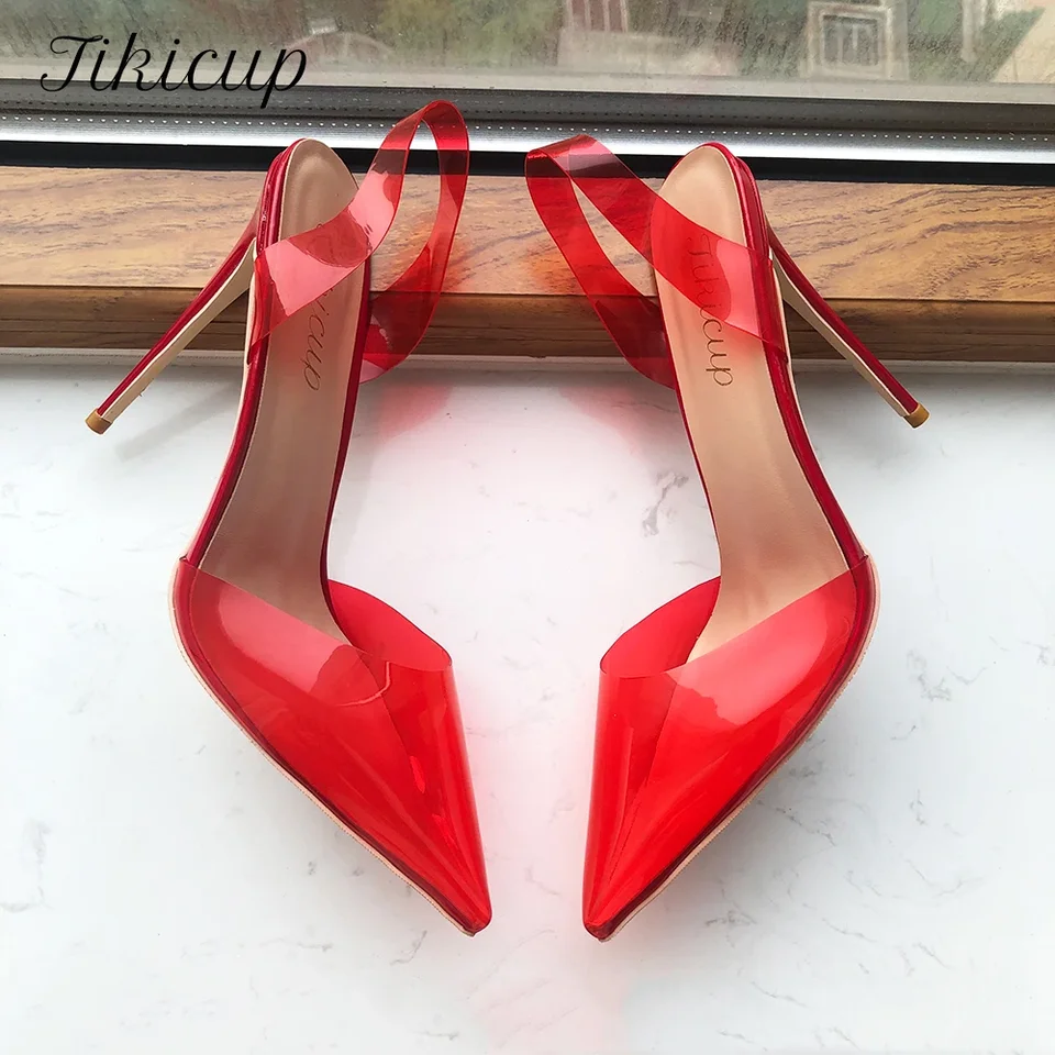 Tikicup priehľadné červené ženy Soft PVC Summer High Heel Slingback pumpy špicaté špičky Pohodlné topánky Stilettos veľkej veľkosti 33-46