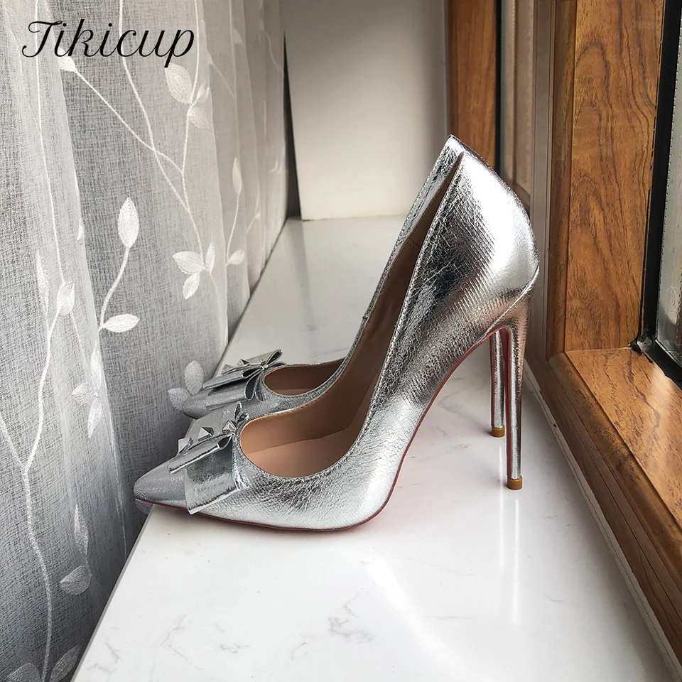 Tikicup strieborné matné dámske dámske špicaté špičky s vysokým podpätkom Svadobné topánky s nitmi luk sexy dám