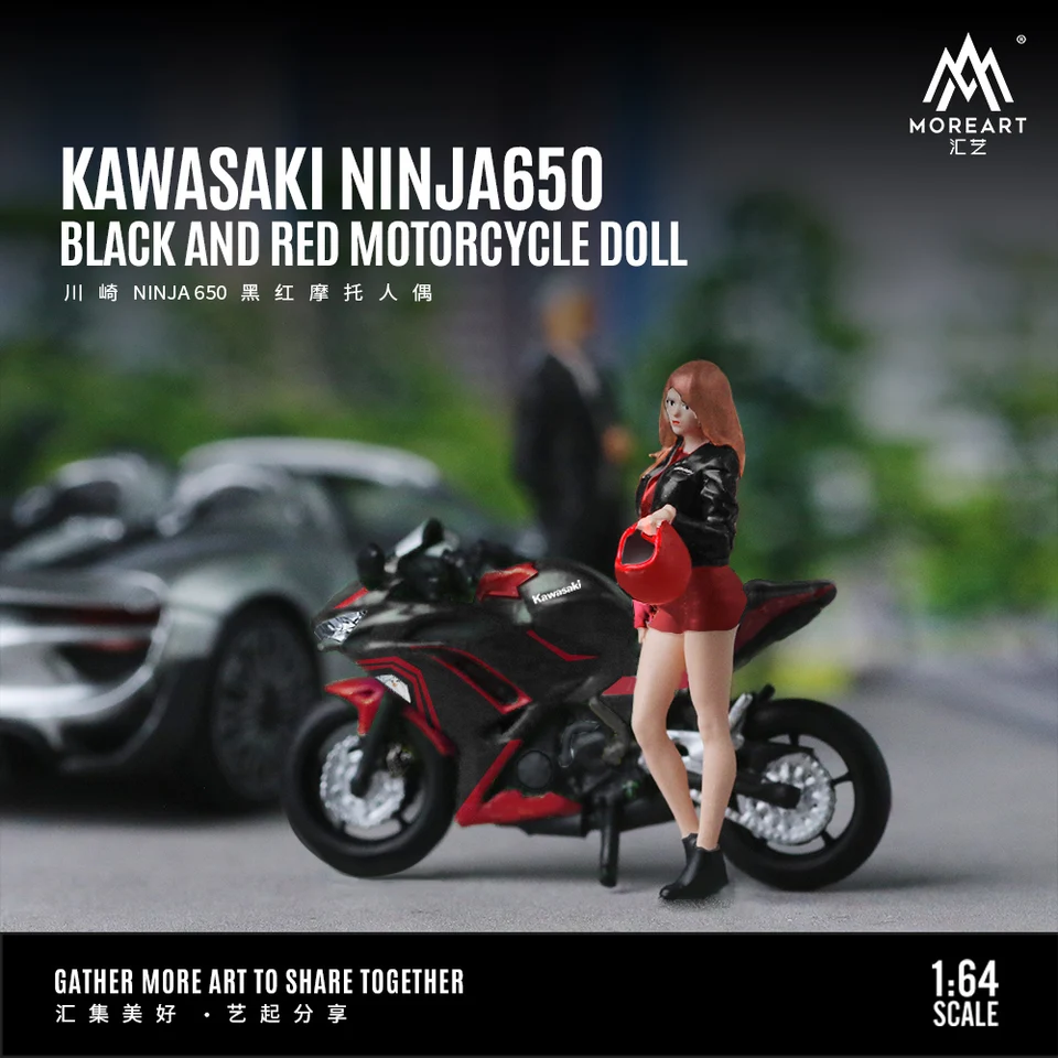 Timemicro & Moreart 1:64 Kawasaki Ninja 650 Čierna a červená motocykla Živica Action Set