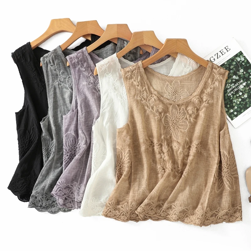 Tingyili kvetinové vyšívané bavlnené tanky top ženy elegantné dutiny letné rukávy bez rukávov Top Kórejský štýl Vintage čierna biela top