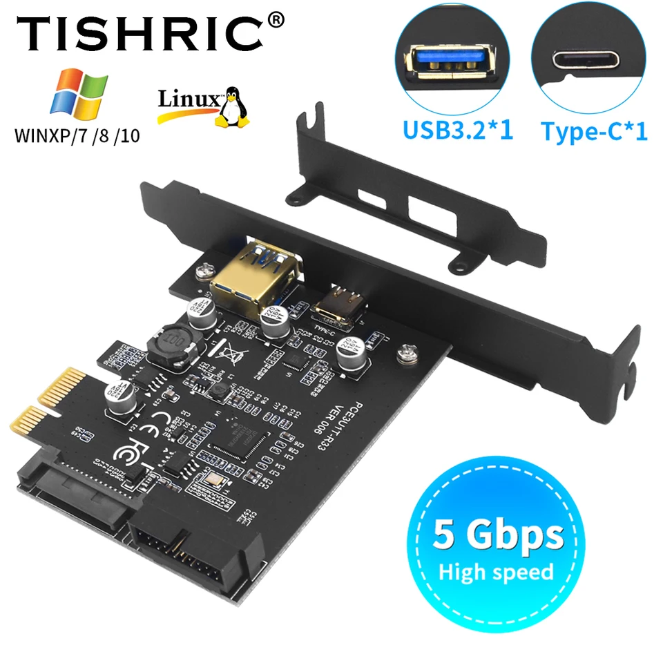 Tishric USB 3.2 Expanzná karta Gen1 5 Gbps PCI Express na 1 port USB3.2 Gen1 Type-C 19pin adaptér karta USB3.2 Ovládač PCIe