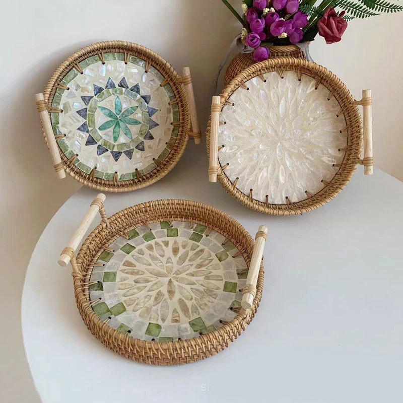 Tkanie Rattan Storage Tray Colorful Shinfish Snack Storage Basket Amfora Candy Fruit Disser Diszert Tea Tray Domáca dekorácia