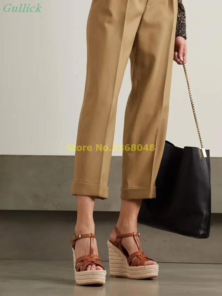 Tkaná koža espadrille klinová sandále Platforma Otvorené špičky módne dámske topánky čierne hnedé letné sandále
