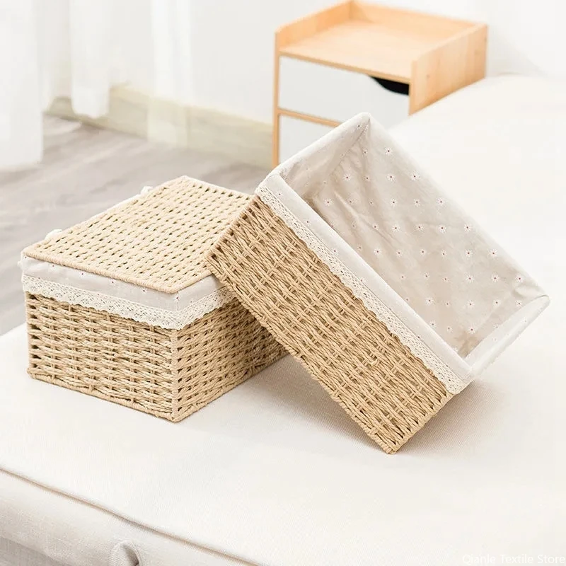 Tkaný skladový kôš kuchynský organizátor Box DustCover Storage košíky s vekom stolných počítačov Organizátori Organizátori Snack hračky na úložisko hračiek