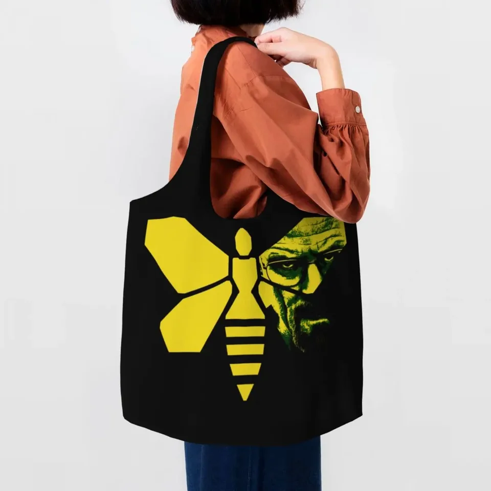 Tlač Heisenberg Walter White s včelí nákupné tašky Opätovné použiteľné plátno nakupujúci rameno Breaking Bad TV kabelka