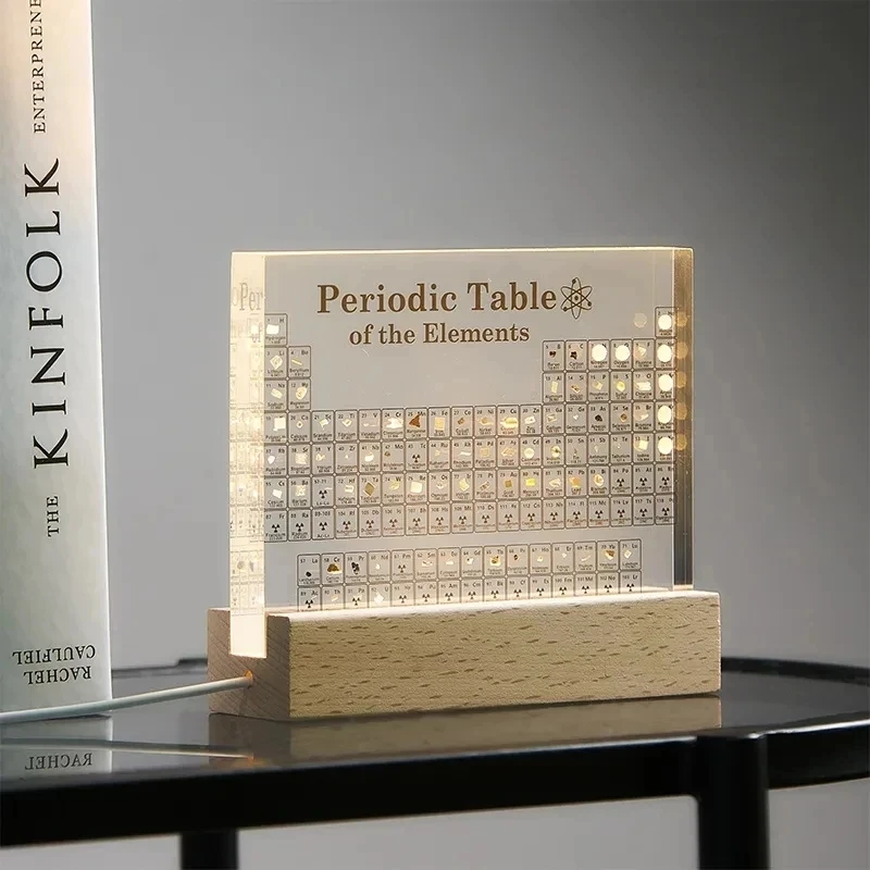 Tlač mendeleev periodický stôl Akrylová dekorácia Displej Chemický domáci dekor drevený svetlo základný darček bez skutočných 83 prvkov