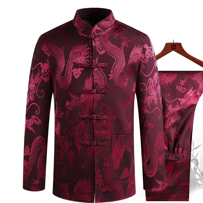 Tlač s dlhým rukávom Dragon Tang Suit Casual Men Vintage ručný gombík tai chi oblečenie mandarínový golier hanfu cheongsam s vreckom
