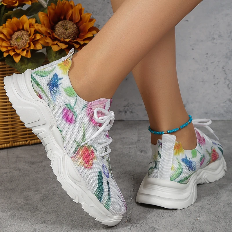 Tlačené pletené športové topánky Ženy priedušné bez použitia tenisiek Bežné tenisky Zapatillas de Mujer 2023 Chaussure femme