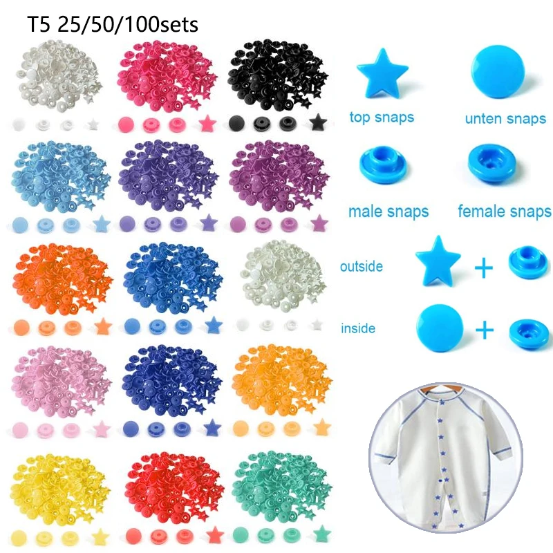 Tlačidlá Star Snaps for Bib 25/50/100sets T5 Plastový kryt stlačením tlačidla Snap pre odevy