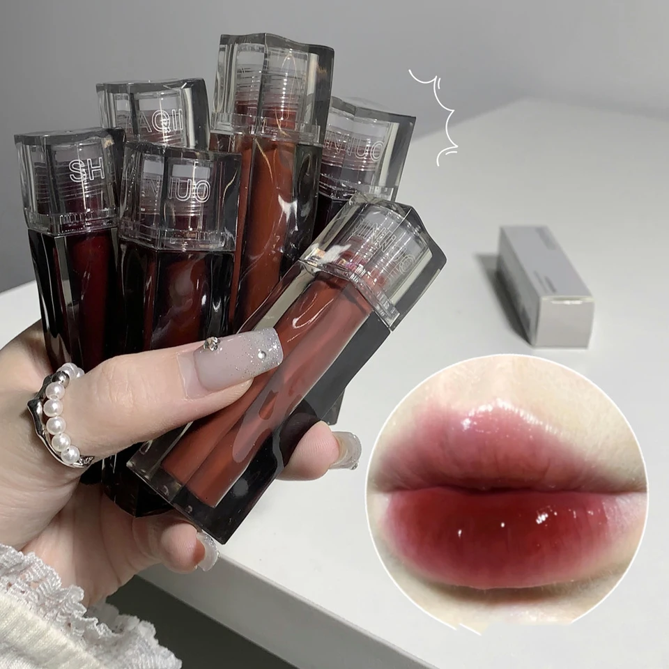 Tmavo červené hnedé zrkadlo sklo rúž kozmetické kozmetické dlhotrvajúce ženy Sexy pery odtieň make -up matný zamatový gaštanový gaštanový lesk lesk vodotesný