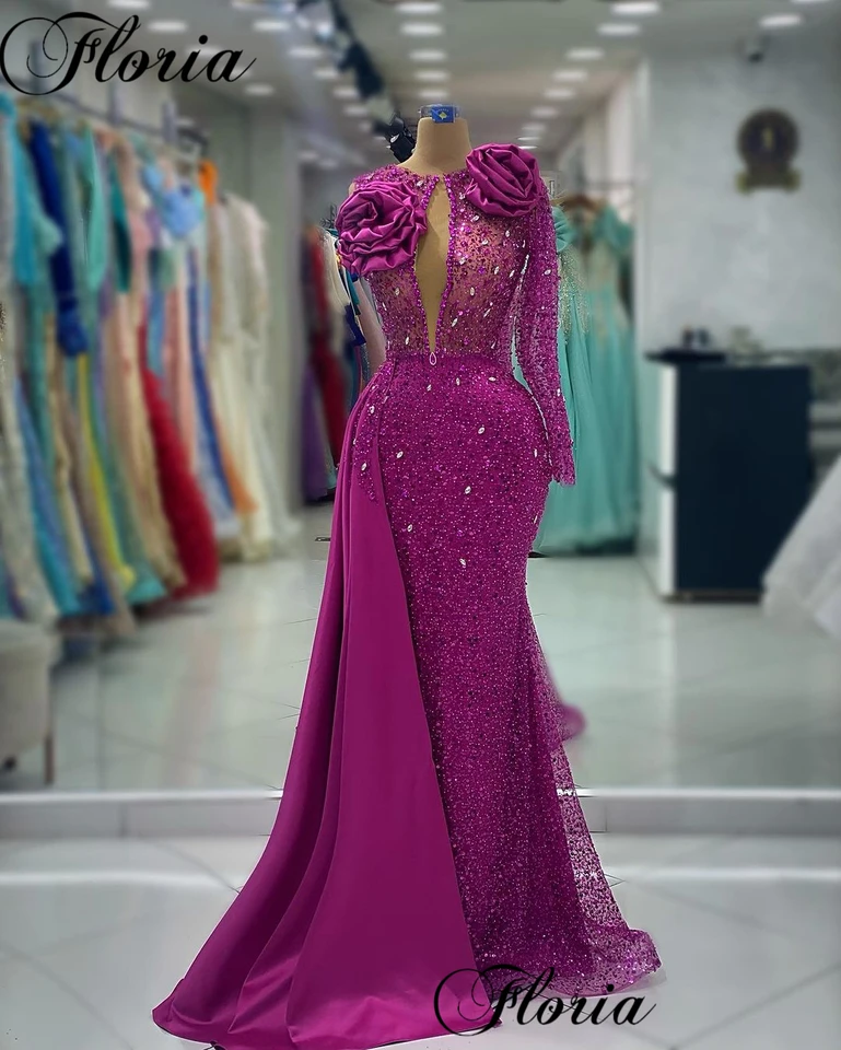 Tmavá fuchsia Morská panna večerné šaty s kryštálmi jedným ramenom Vintage celebrity šaty Turkish Coutures Robes de Soirée