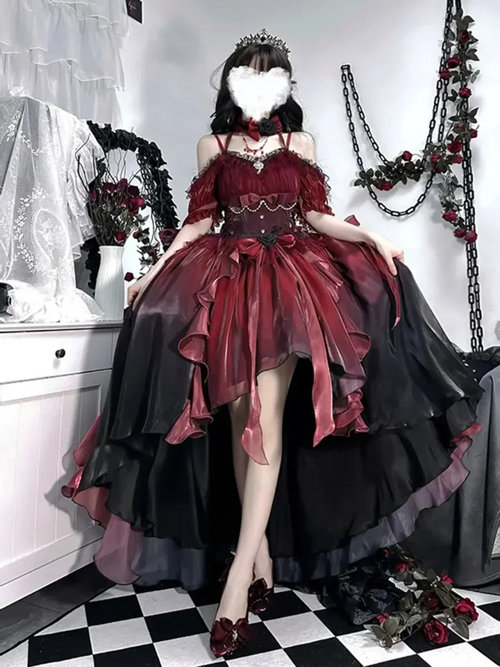 Tmavá nevesta červené kvetinové svadobné šaty cos lolita šaty OP šaty lolita ťažký priemysel Trail Puffy Princess Dress, Lolita Cosplay