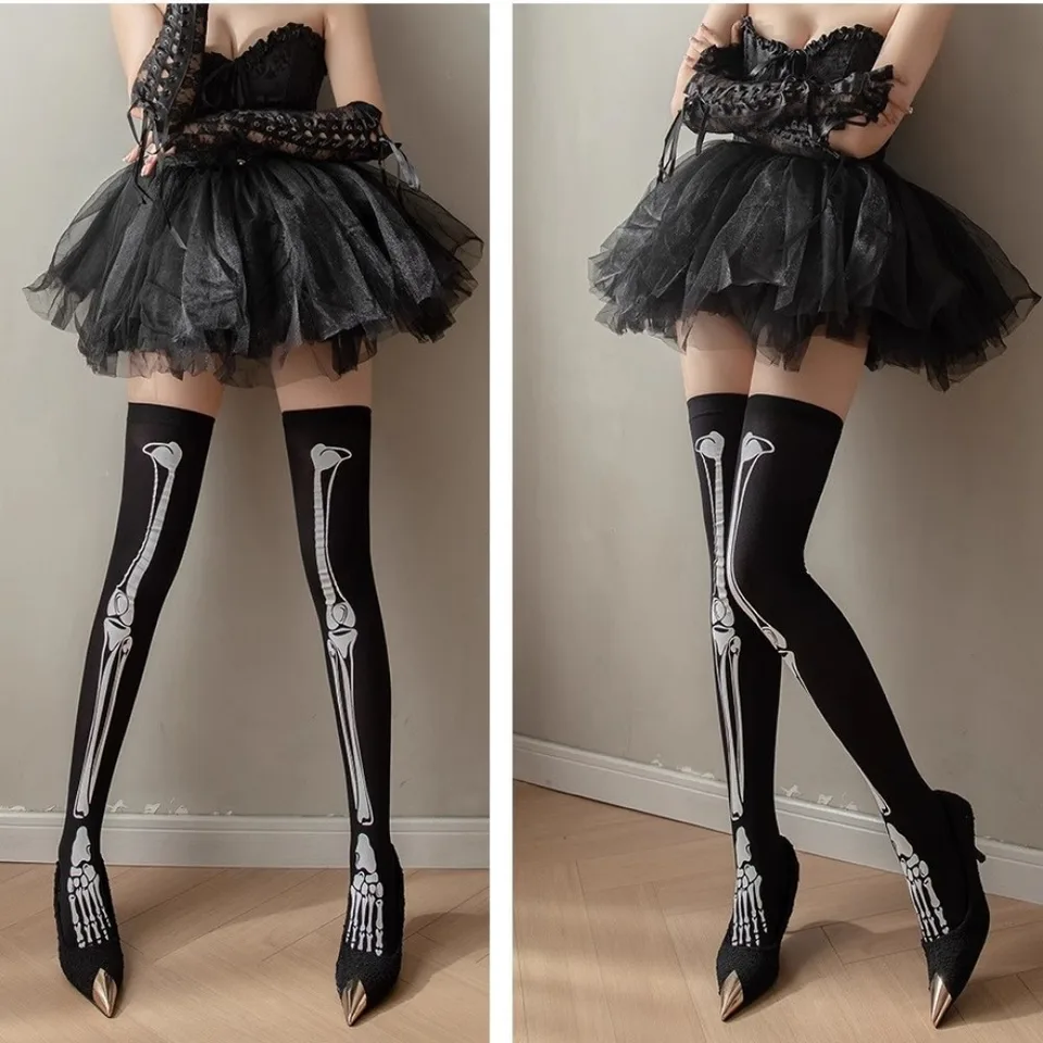 Tmavé kostrové kosti potlač dlhé sexy pančuchy Ženy gotické cez koleno ponožky tenké letné stehno HOSIERY HOSIERY COSPLAY HALLOWEEN SOCK