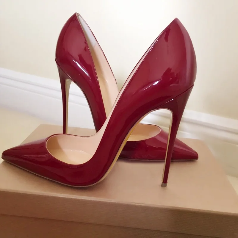 Tmavú červenú patentovú kožu s vysokým podpätkom pumpy 12 10 8 cm Stiletto päta topánky špicaté špičkové topánky na päty na päty veľkú veľkosť 45