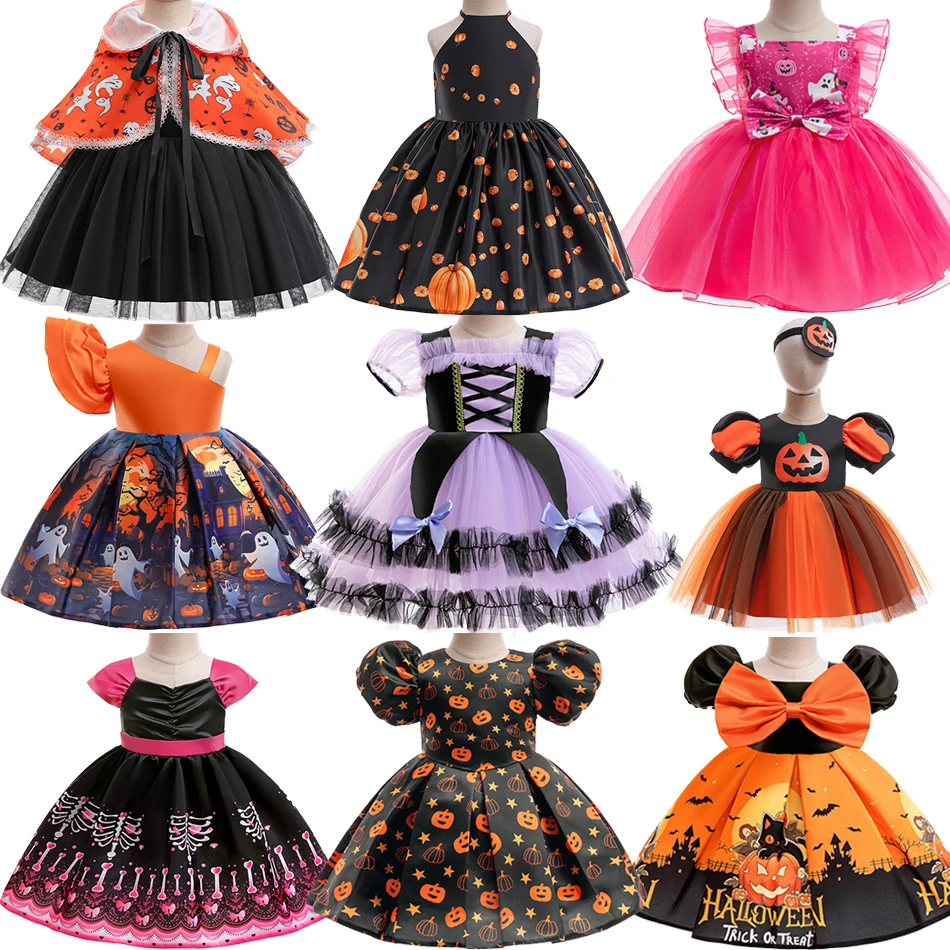 Toddler Halloween kostým dievčatá Cosplay čarodejnica tekvica kostru tlač Bowknot Dets Kids Festival Party Performance