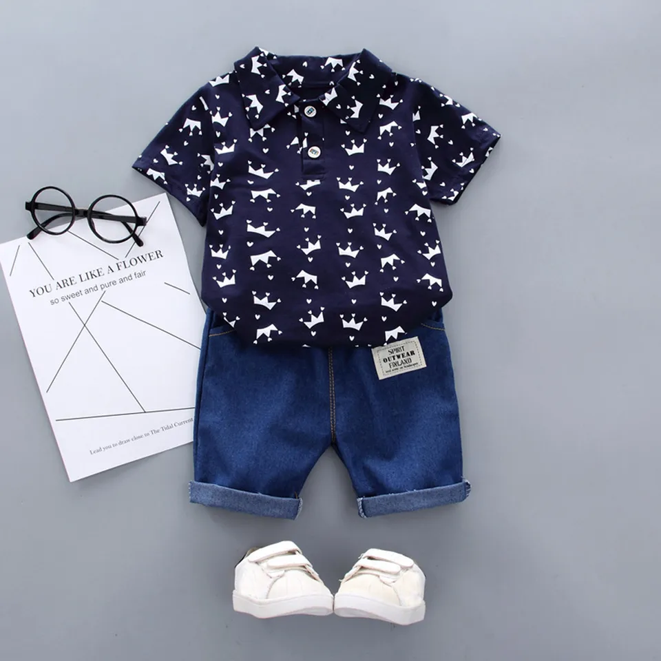 Toddler Kids Boy Boy s krátkym rukávom korunné vzory Tops+ džínsové nohavice súprava