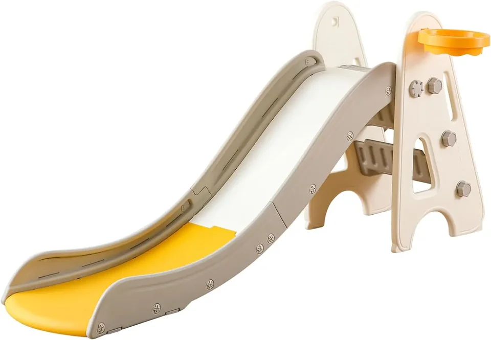 Toddler Slide Interoor Outdoor for Kids, 3 in 1 skladacie deti Slide Easy Nastavte hru s basketbalovou obručou a loptou, voľne stojaca