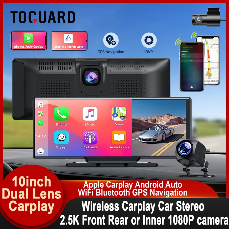 TOGUARD 10INCH DUÁLNA šošoviek bezdrôtové Apple Play CAR Play Android Automatické zobrazenie vozidla Stereo DVR DASHOARD DASHOARD GPS Navigat CAM