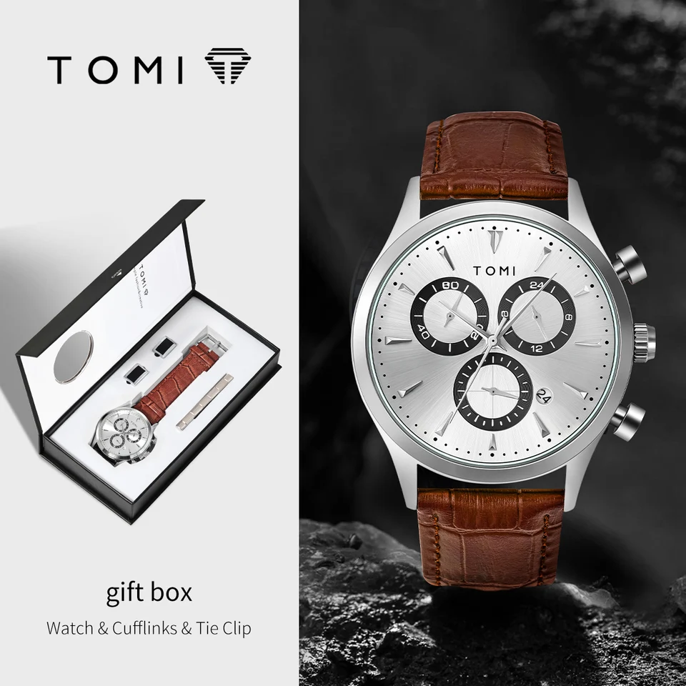Tomi 4ks Set Luxury Business Pánske kremenné hodinky Cast Fashion Vestrabilné hodinky Pánske manžetové gombíky TIE Clip Watch Festival Darček
