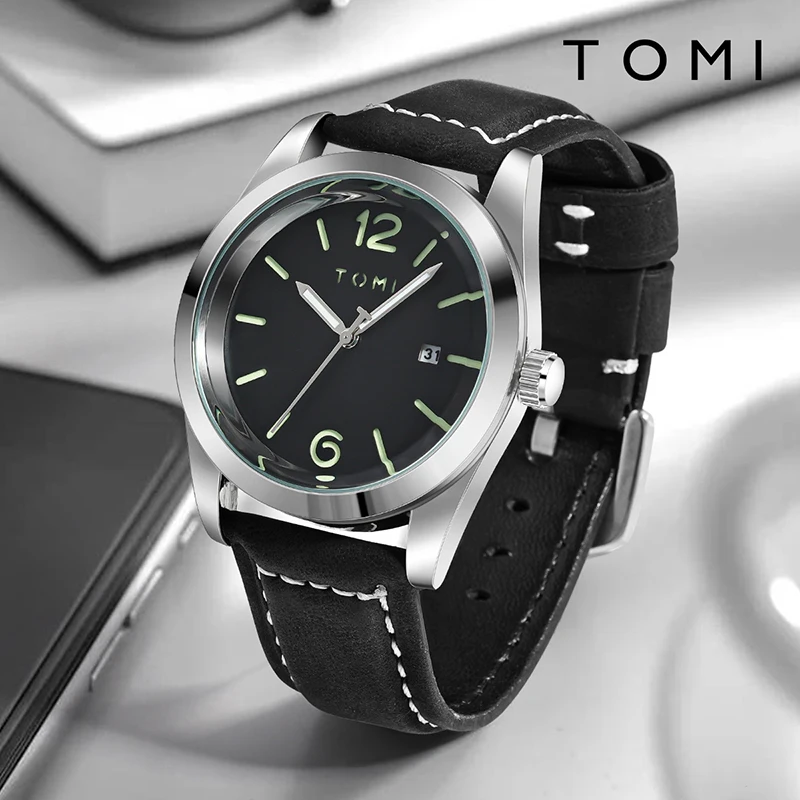 Tomi Luxus Pánske kožené remienok Watch Round Dial Quartz Watch Casy Minimalistic Watch Pánske hodiny Darček