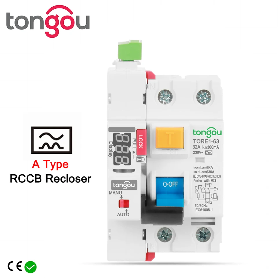 Tongou Typ RCD LED Automatické reklosár Modulárny obvod 40a 63a 30ma 100Ma 300MA bezpečnostný spínač 220V Unikajúci obvod