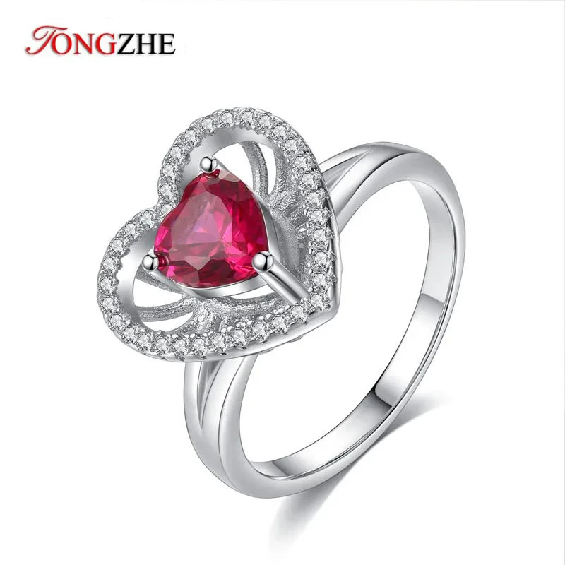 Tongzhe 925 Sterling Silver Rings České svadobné prstene Srdce Láska Červené polo-priehľadné kamenné ženy Veľkoobchod Veľa objemov