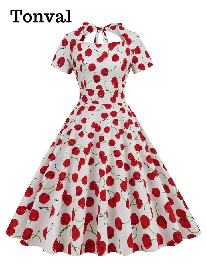 Tonval srdiečko krk s vysokým pásom čerešňou vintage 50s midi šaty s krátkym rukávom bez backless wonfet chrbát bavlnené šaty rockabilly šaty