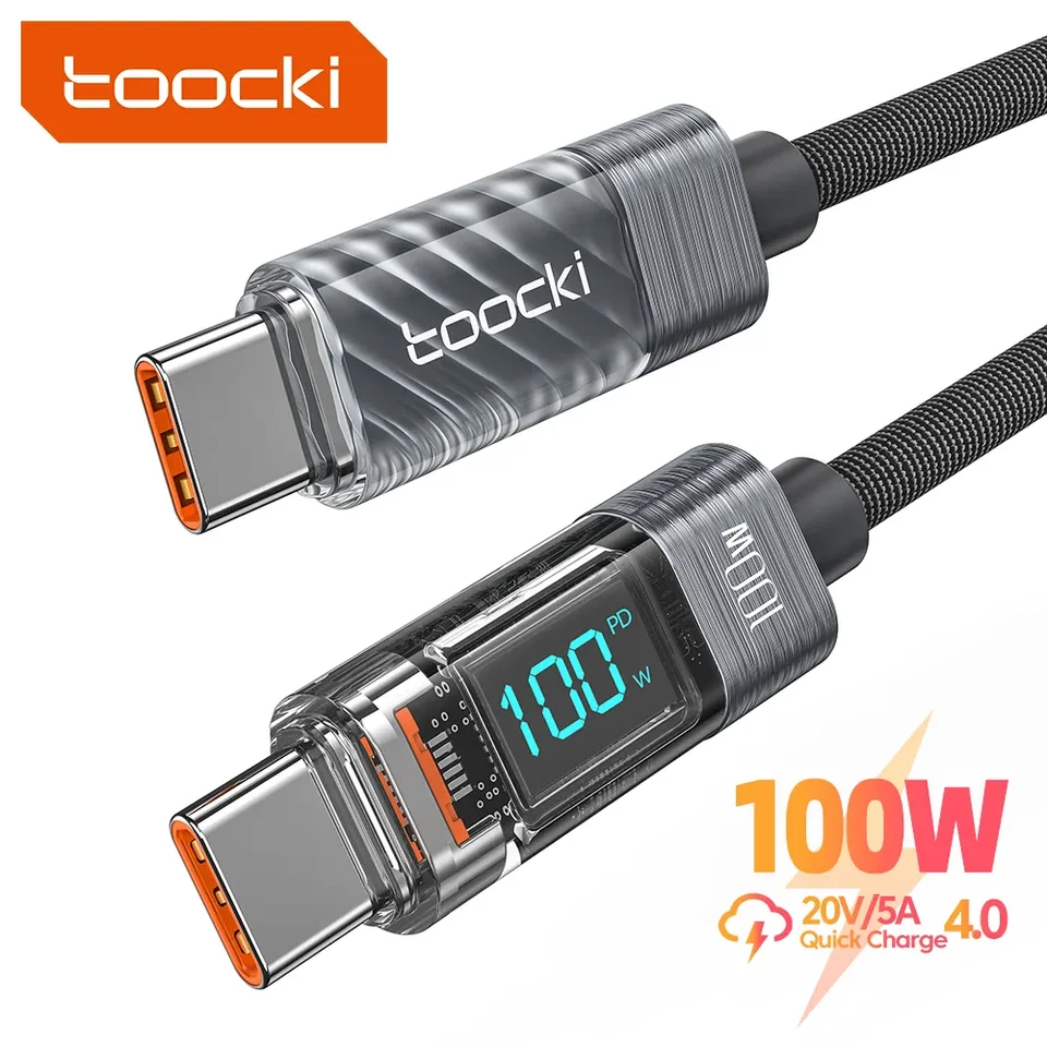 Toocki 100W priehľadný USB C na typ C kábel PD Rýchly nabíjanie USB C na USB C Zobrazovací kábel pre MacBook Xiaomi Samsung Poco Realme