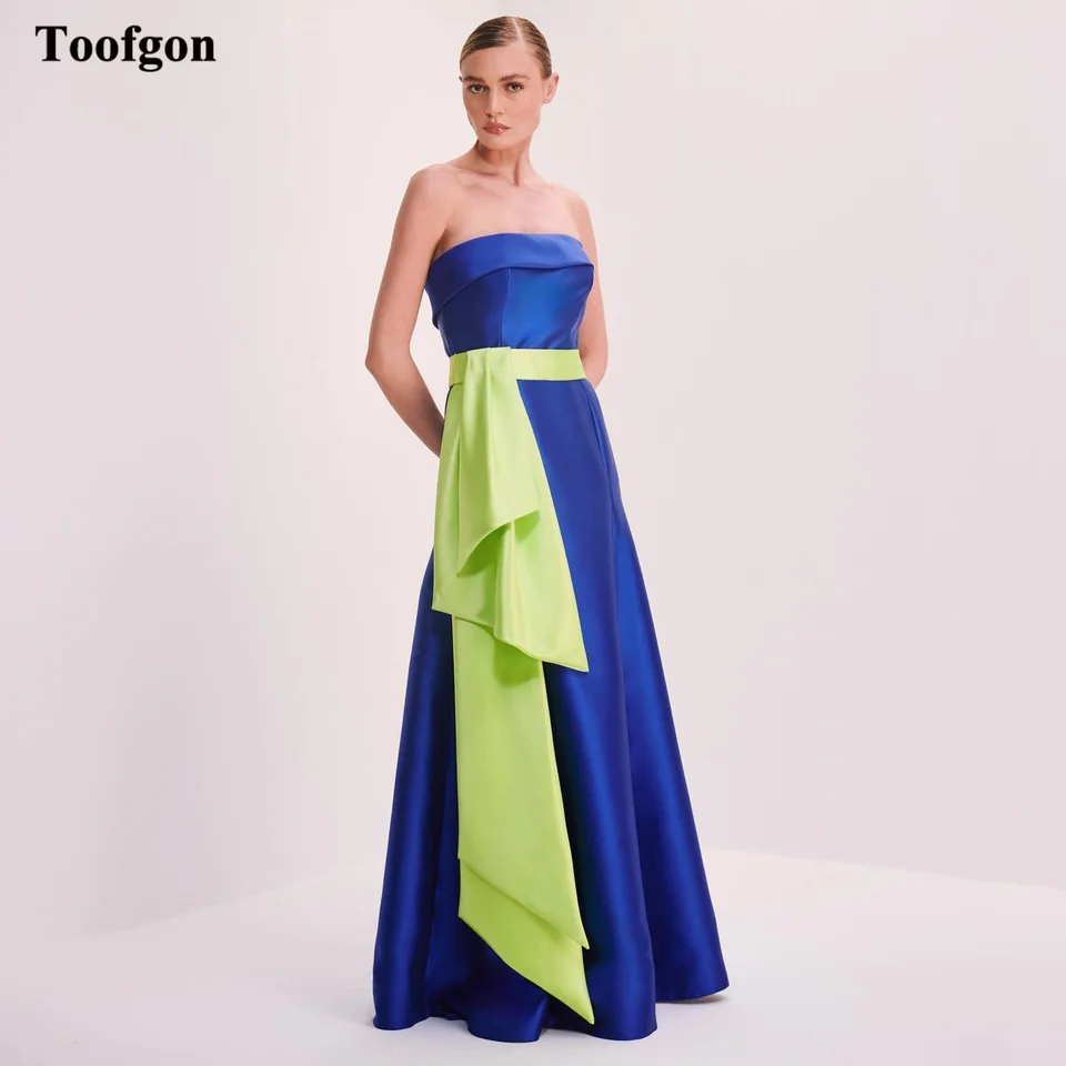 Toofgon Royal Blue Satin Satin Dlhé plesové šaty pre ženy formálne večierky šaty bez ramienok s brehmi podlahou