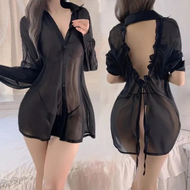 Top Fashion Sexy backless pyžamy nočné nosí šifón priehľadné tričko Domáce nosenie dámske nočné košele Sleewear