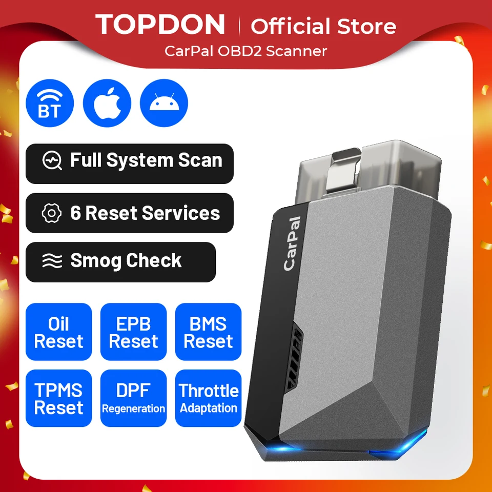 Topdon Carpal OBD2 Kódový snímač skeneru CAR STROJE Skontrolujte Smog Skontrolujte skúšku batérie Úplný systém skenovanie 6 RESET SLUŽBY