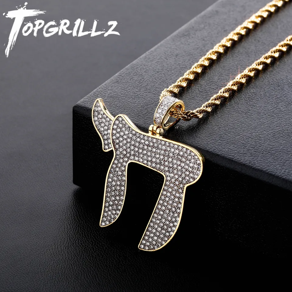 Topgrillz zlato farebná farebná zmrzlovaná micro dlaba cz kamenný židovský symbol chai kúzla prívesok náhrdelník hip hop pre mužov ženy