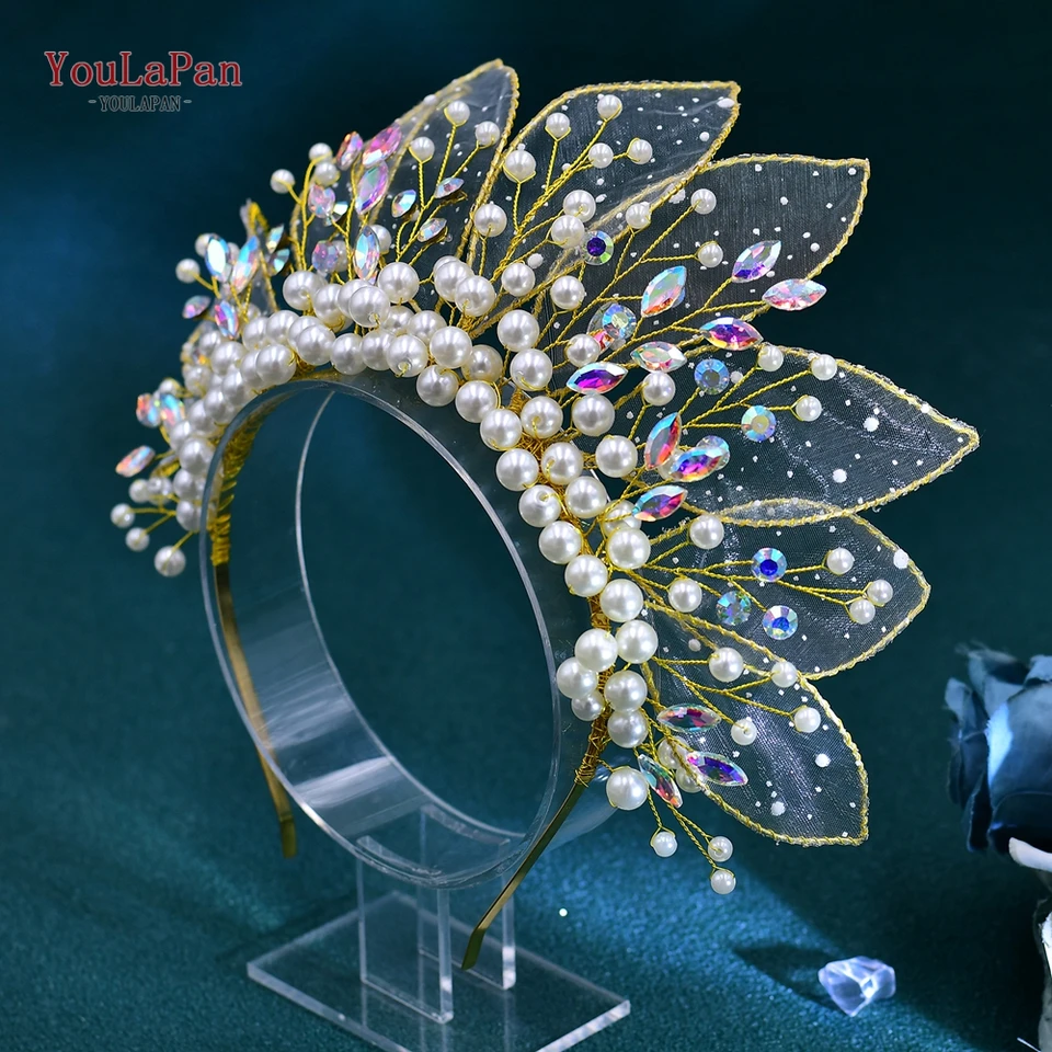 Topqueen princezná svadobná korunka svadobné vlasové doplnky Faux Pearl Crown pre nevestu pokrm kryštálovej pokrmy Ab Headdress pre večierok HP670