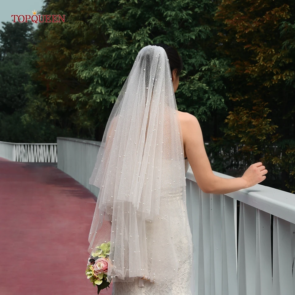Topqueen V91 šumivé biele šampanské trblietky Pearl Veil Dvojvrstvové červenavé tyl Svadobné doplnky Svadobný krátky závoj